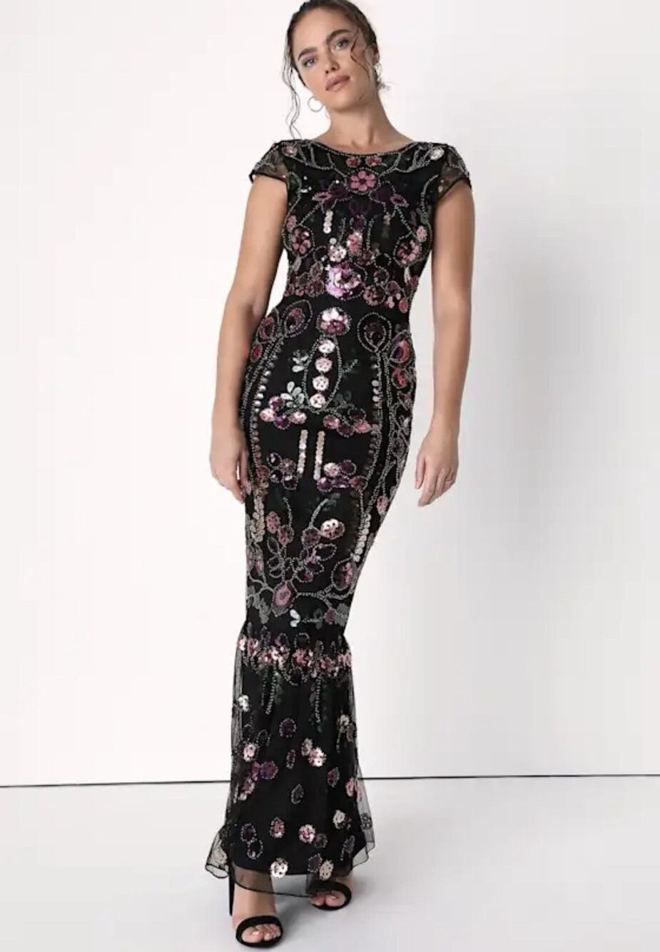 LULUS Era Of Opulence Burgundy Sequin Cap Sleeve Deco Inspired Maxi Dress Gown M